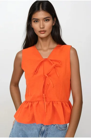Women's Orange V Neck Bow Detailed Flounce Skirt Aerobin Blouse