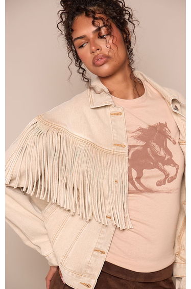 Washed Stone Fringe Detail Denim Jacket