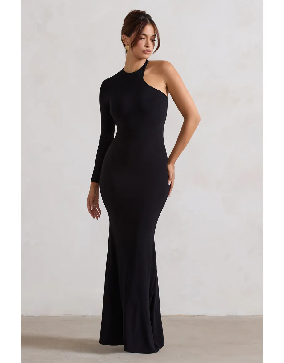 Shop Tyra | Black Asymmetric Neck Cut Out Maxi Dress With Open