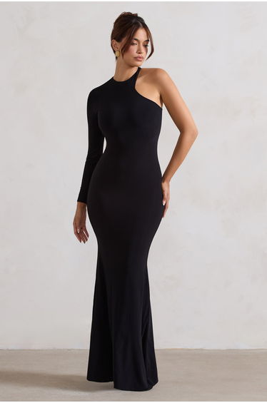 Tyra | Black Asymmetric Neck Cut Out Maxi Dress With Open Back Detail