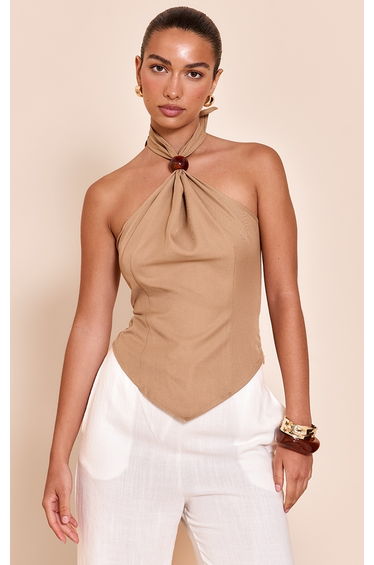 Latte Bead Detail Woven Halterneck Top
