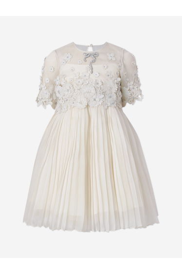 Maison Ava Girls Leonie Embroidered Pleated Dress in Ivory