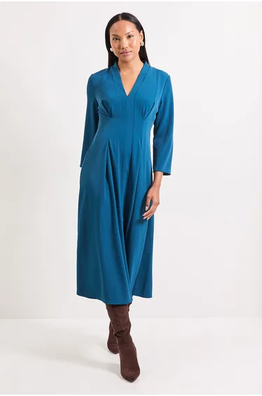 Panel And Pleat Detail Crepe Midi Dress