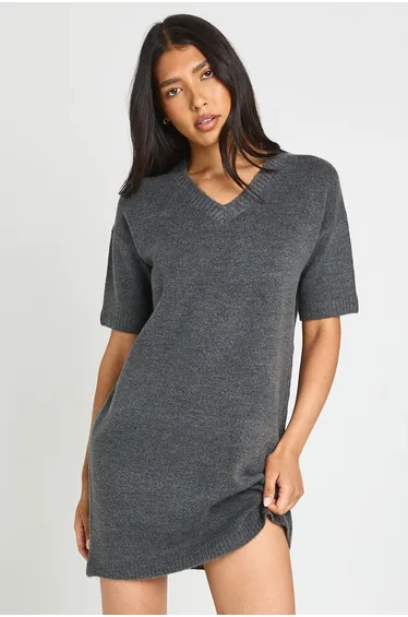 Tall V Neck Short Sleeve Knitted Mini Dress - charcoal