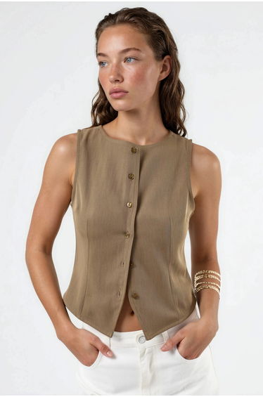 Crew Neck Sleeveless Buttoned Top