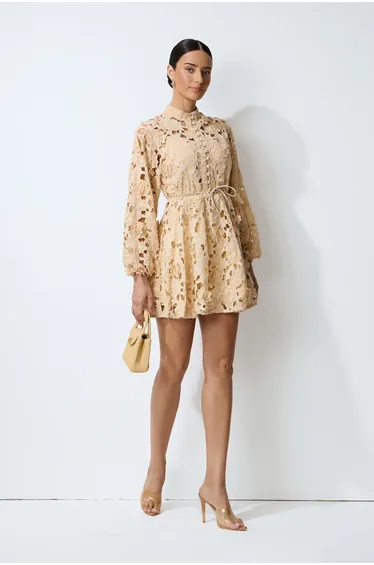 Soft Hour Apricot Lace Floral Balloon Sleeve Mini Dress