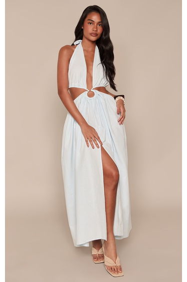 Baby Blue Linen Look Halterneck Ring Detail Maxi Dress