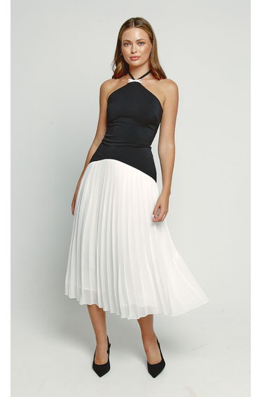 Black & White Drop Waist Pleated Midi Dress