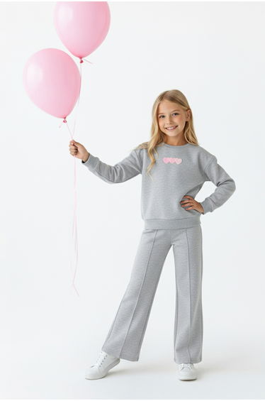 Gray Melange Girl 100% Cotton Heart Regular Knitted Bottom - Top Set
