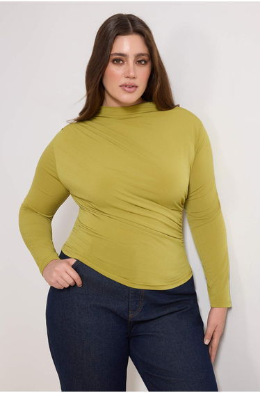 Oil Green Sandy Ruched Detail Long Arm Knitted Plus Size Blouse