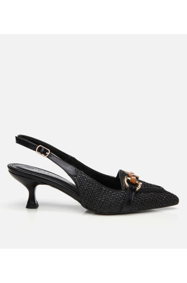 Women's Black Straw Detailed Open Back Heeled Shoes