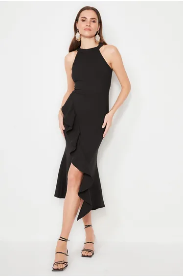 Black A-Line Midaxi Shift Dress with Ruffles