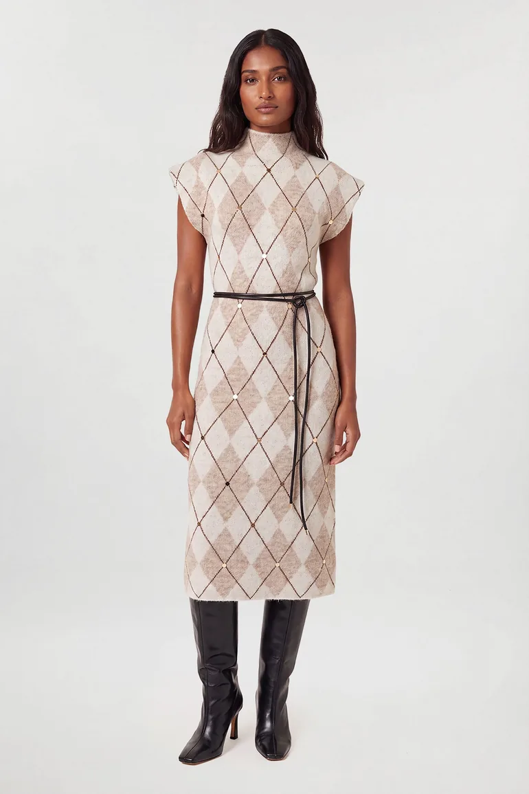 Studded Argyle Wool Blend Cosy Knit Belted Midi Dress