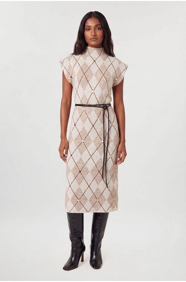 Studded Argyle Wool Blend Cosy Knit Belted Midi Dress