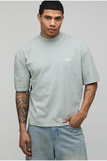 Washed Khaki Oversized Boxy Postcard Print Extended Neck T-Shirt - washed khaki
