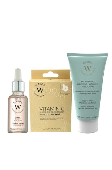 Univeral gift Set : VITAMIN C GLOW BOOST OIL-SERUM 30ml + Warda - VITAMIN C UNDER-EYE BRIGHTENING HYDRO GEL x 3 + Rejuvenating Aloe Vera+ Vitamin C Hand Cream 50ml