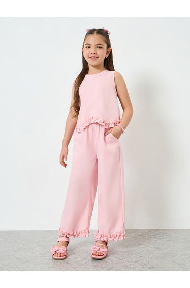 Girls Pink Ruffle Trim Top and Wide-Leg Pants Set
