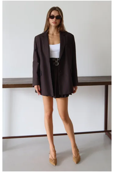 Brown dark blue striped oversize blazer jacket