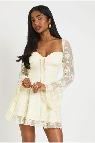 Lace Baby Doll Flare Sleeve Mini Dress - lemon