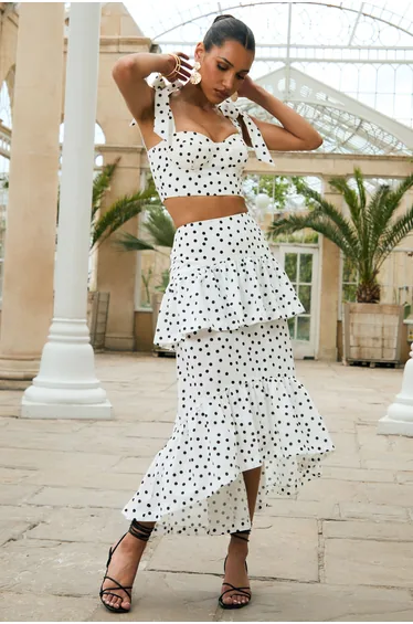 Emry | White Polka Dot High-Waist Maxi Skirt With Ruffle Detail