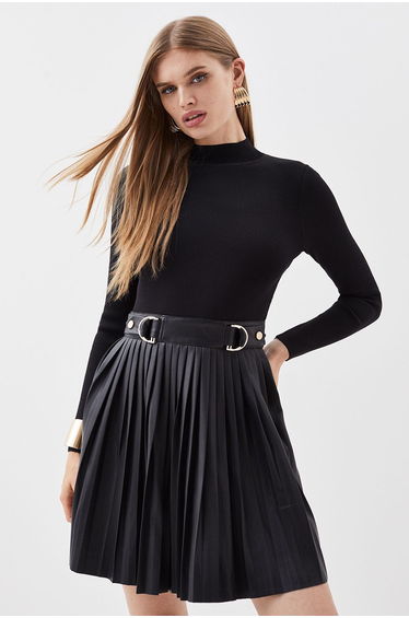 Tall Knitted Skater Dress With Pu Detailing