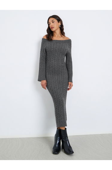Women Cable Knit Midi Dress with Long Sleeves