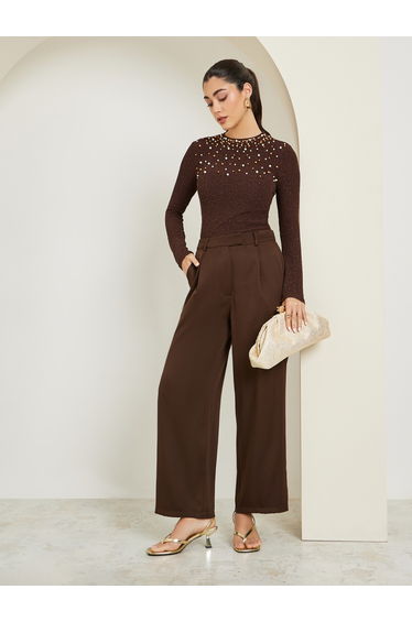 Women Brown Pearl Embellished Knit Top