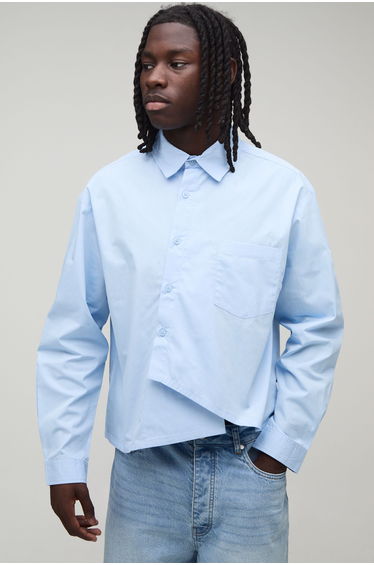 Oversized Boxy Asymmetric Placket Poplin Shirt - light blue