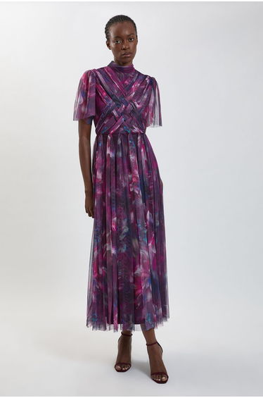 Blurred Floral Cross Detail Tulle Maxi Dress