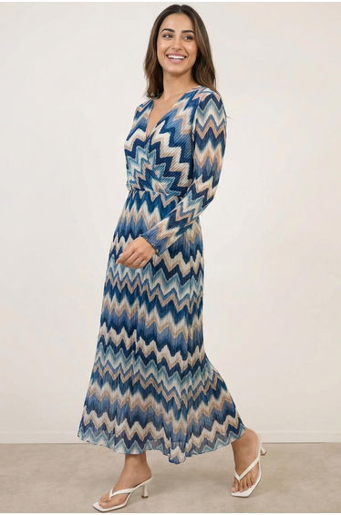 Pleated Zig Zag Print Dress