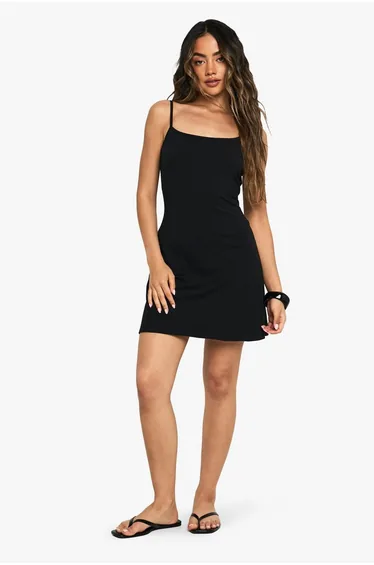 Cotton Strappy A-Line Mini Dress - black