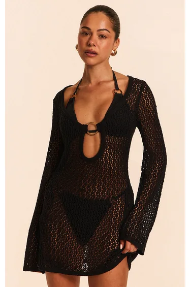 Black Crochet O Ring Mini Beach Dress