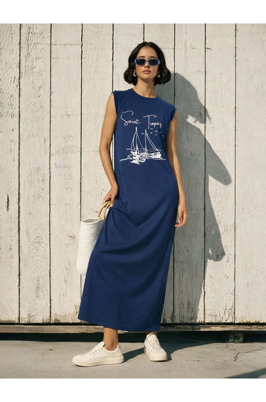 Navy Blue Graphic Print Sleeveless T-Shirt Maxi Dress