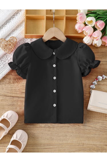 Girls Black Peter Pan Collar Puff Sleeve Shirt