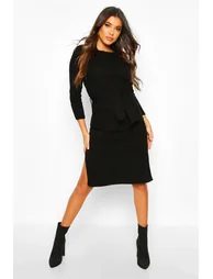 فستان ميداكسي محبوك مضلع بربطة خصر - أسود
