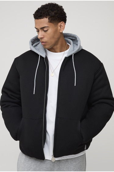 Oversized Fit Jersey Hooded Bomber Jacket - black