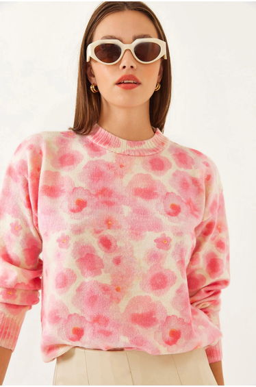LUCCI Floral Pattern Knit Sweater with Crew Neck