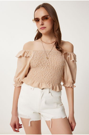 Women's Biscuit Check Stretchy Crop Top