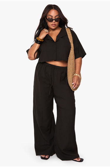 Plus Linen Longline Crop Shirt & Trouser Co Ord - black