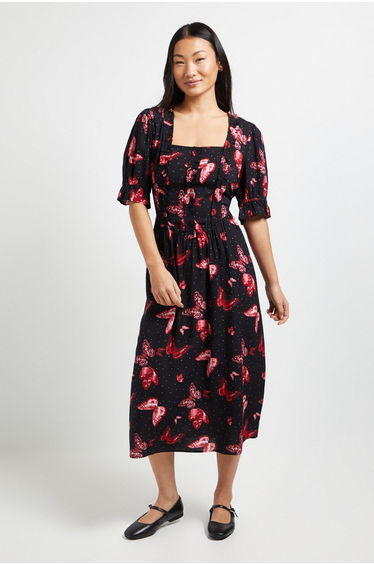 Petite Square Neck Frill Detail Puff Sleeve Midi Dress