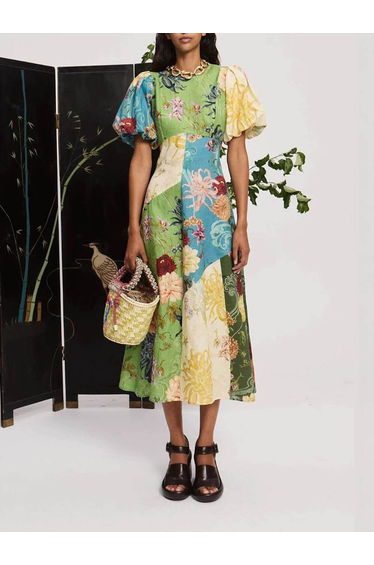 Casual Personalized Graffiti Print Lantern Sleeve Round Neck Linen Maxi Dress