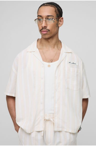 Oversized Boxy Linen Look Stripe Pocket Detail Shirt