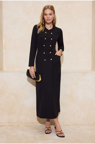 Black Buttoned Woven Fabric Dress