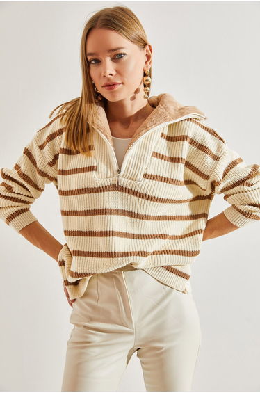 Women's Collar Shearling Striped Zippered Knitwear Sweater