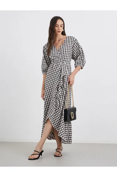 Gingham Check Print Frilled Hem Maxi Dress