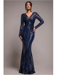Goddiva Two Toned V Neck Sequin Maxi - Navy