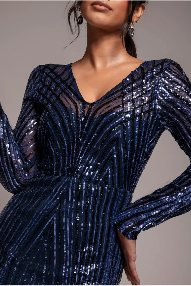 Goddiva Two Toned V Neck Sequin Maxi - Navy - 2