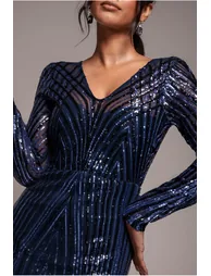 Goddiva Two Toned V Neck Sequin Maxi - Navy - 2