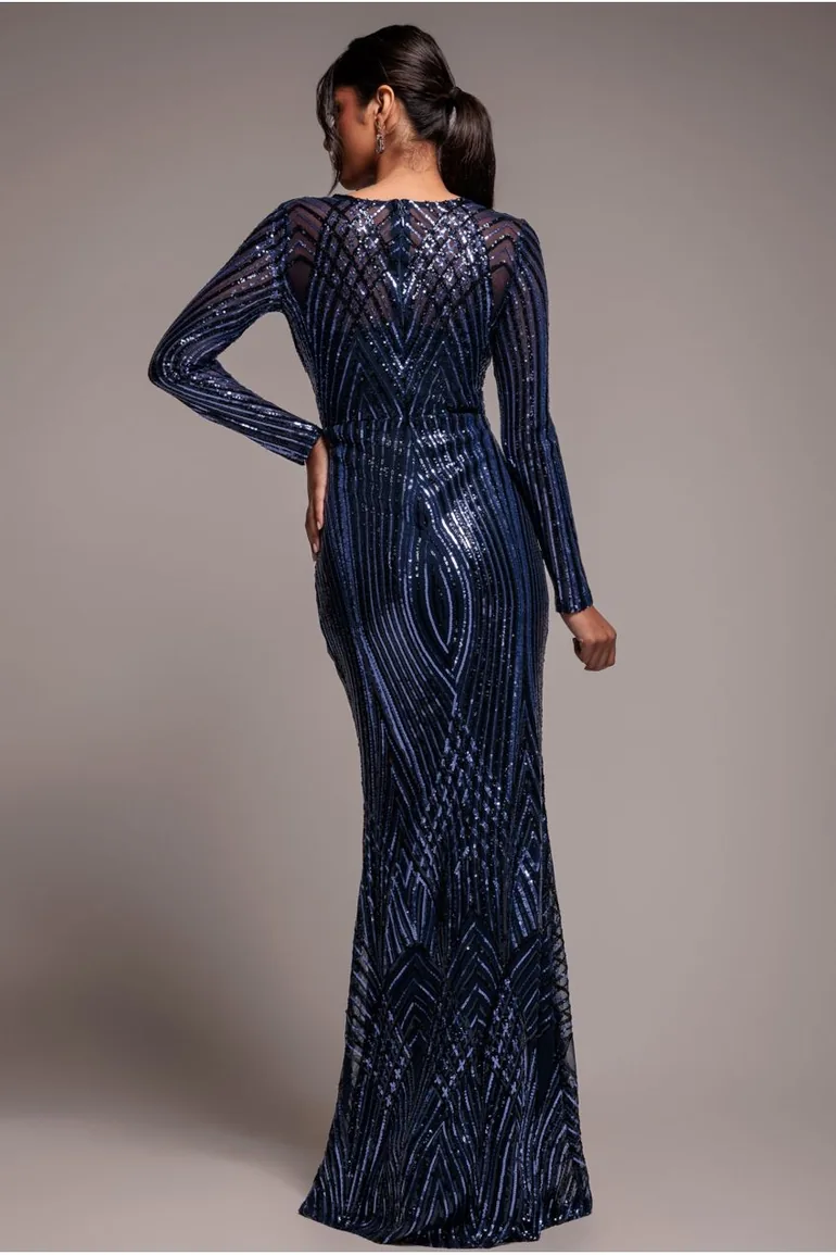 Goddiva Two Toned V Neck Sequin Maxi - Navy - 1