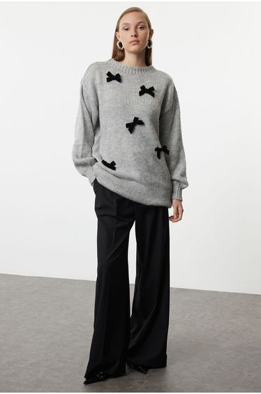 Grey Bow Detailed Knitwear Sweater